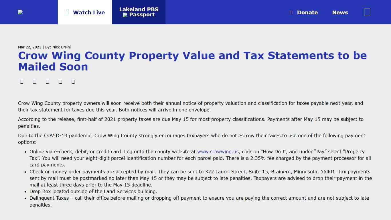 Crow Wing County Property Value and Tax Statements to be Mailed Soon - Lakeland PBS